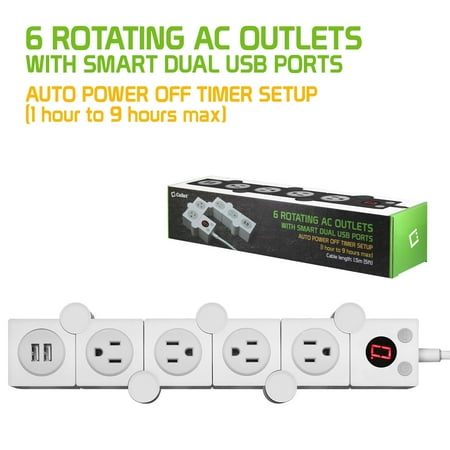 Power Strips With Timers Cellet 4-Outlet Flexible Power Strip With Timer and ON and Off Button, Dual USB Charging Ports, 5ft Cord , Perfect for Computers, Smartphones, Tablets, and Other Devices - White ()