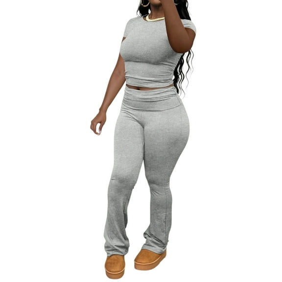 Women's Grey Ribbed Crop Top and Flared Pants Set Casual Exercise Sports Fitness Women's Summer 2-piece Set
