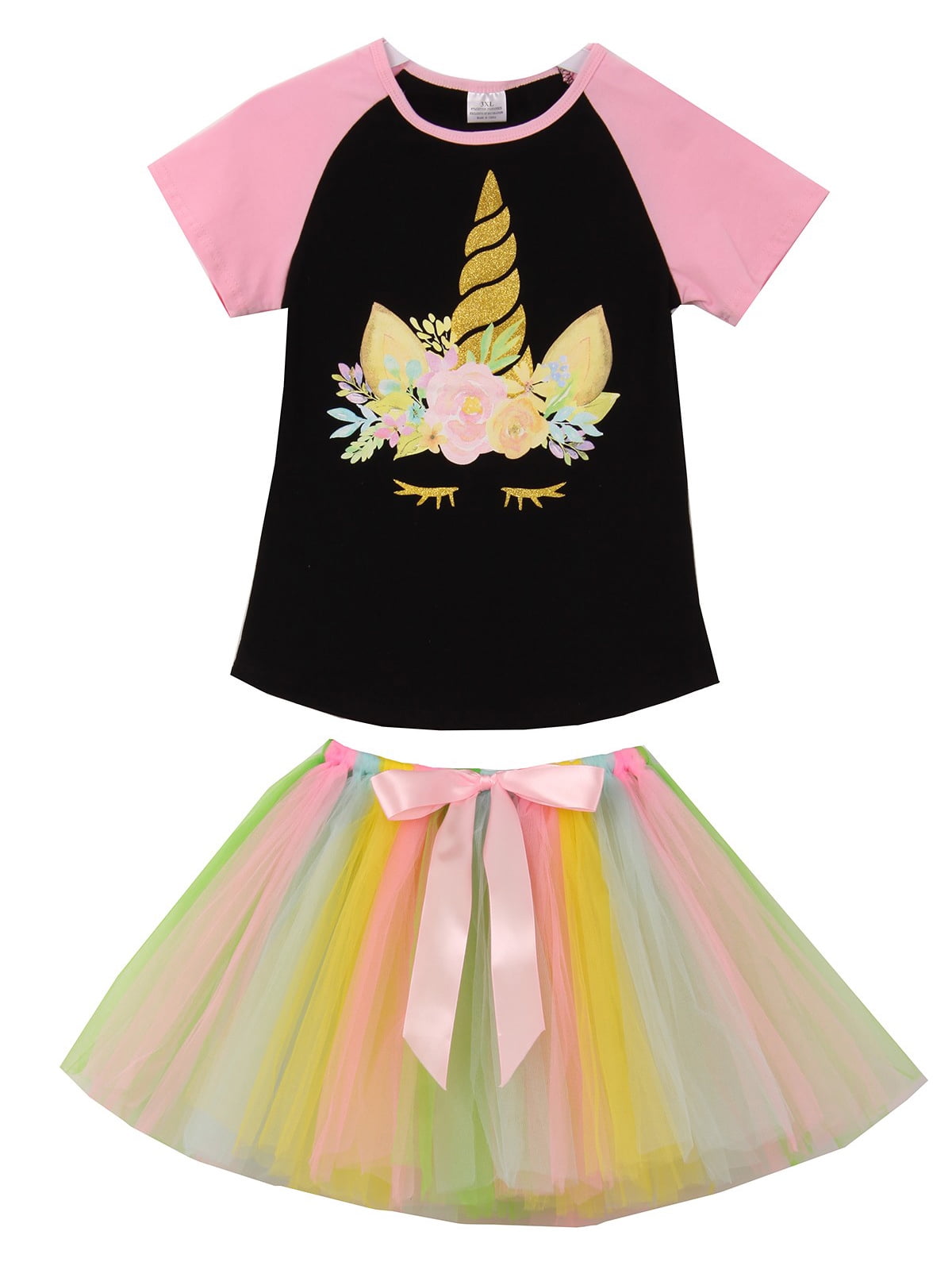 Little Girls 2 Pieces Skirt Set Holiday Party Birthday T-Shirt Top Dress Set