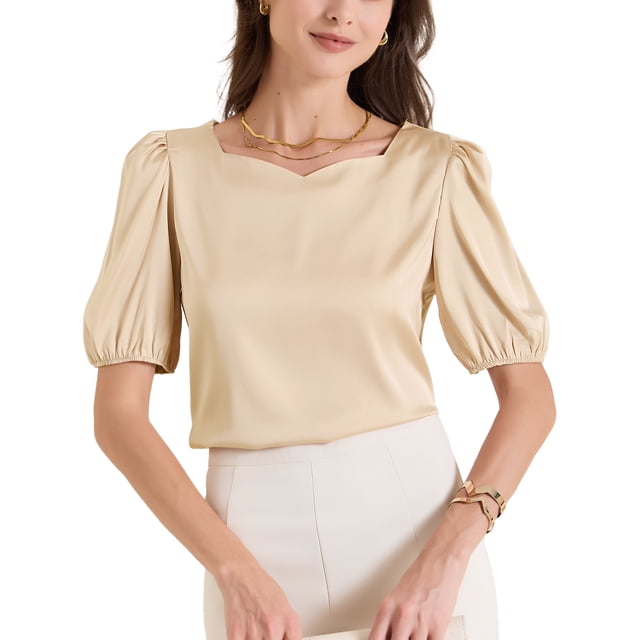 INSPIRAR CHIC Blusa de satén de media manga con escote corazón para oficina L Amarillo pálido