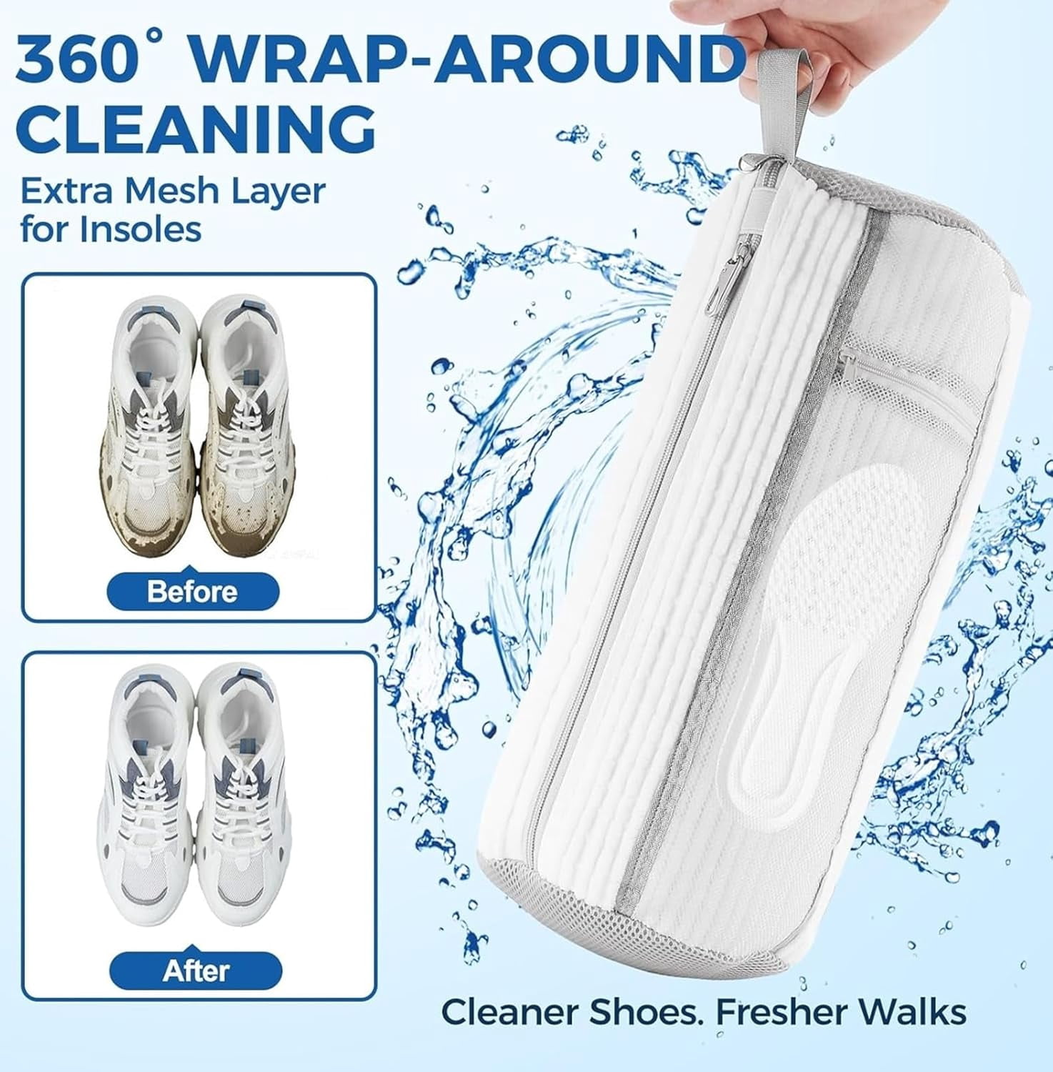 Shoe Washing Machine Bag 2 Pack, Laundry Shoe Bags with Insole Pocket, Reusable Shoe Cleaning Bags for Washer and Dryer, Protective 360° Deep Clean for Sneakers Tennis All Shoes Types (White)