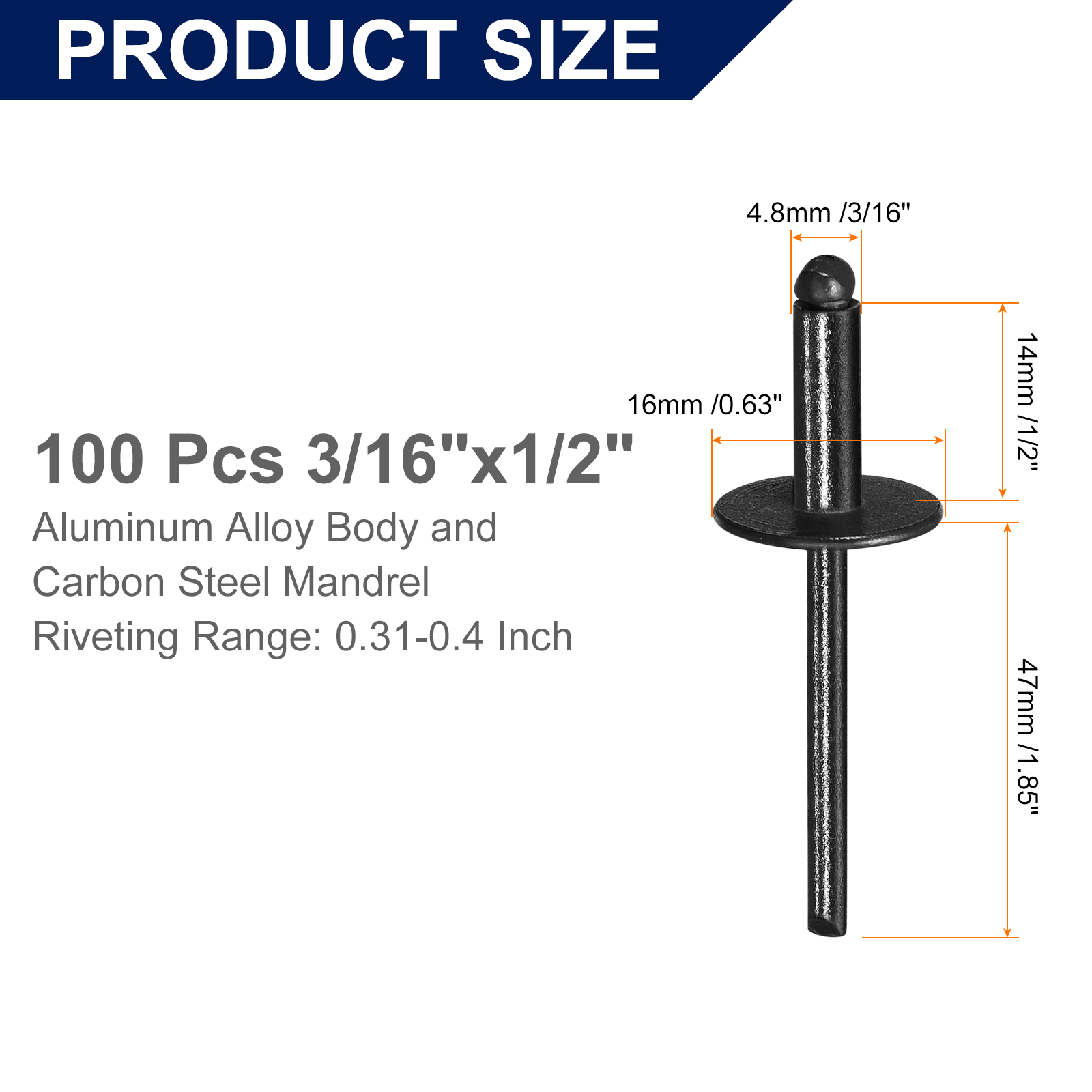 Uxcell 100Pcs 3/16"x1/2" Aluminum Blind Rivets, Large Flange Rivets Fasteners, Black