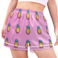 thumbnail image 2 of Women's Satin Pajama Shorts Pink Pineapples Pattern with Pockets, Elastic Waist Sleep Lounge Shorts, 2 of 7