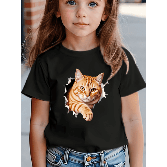MAWOTEA [Slim Fit] Cat Break Through Print T-Shirt Kids Casual Wear, Ideal Gift for Birthday, Size 5Years-13Years