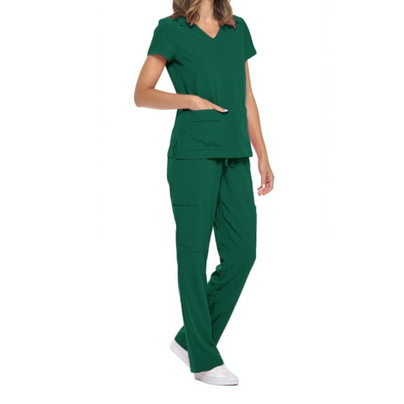 Medical V-Neck Uniform Women's Scrubs Set Stretch Soft Contrast Pocket Uniforms Womens Essential Stretch Scrub Set with Regular Sizes Sets for Women 2 Piece Drawstring Waist Pants
