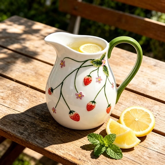 Ceramic Pitcher, Handcrafted Embossed Strawberry Design, Multi-Purpose Beverage Jug & Flower Vase for Farmhouse Kitchen Dining Decor
