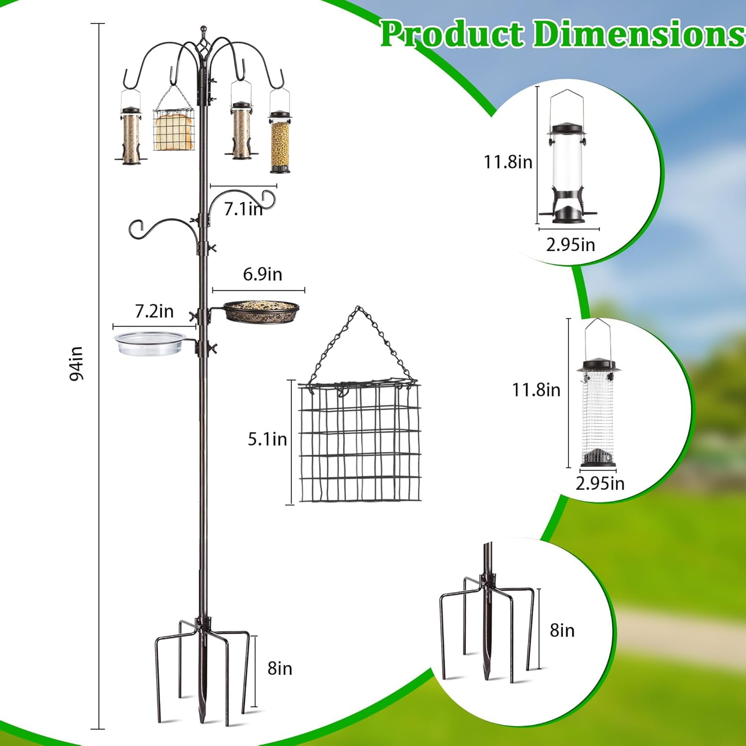 Bird Feeding Station Kit, 94 Inch Adjustable Birds Feeder Stand Pole with 6-Hook, Bird Bath and Mesh Tray, Curved Squirrel Baffle, Freestanding 5-Prong Base