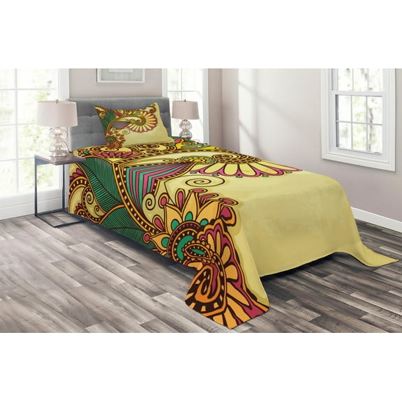 Ambesonne Floral Quilted Coverlet 2 Pcs, Paisley Flowers Leaves, Twin Size, Multicolor