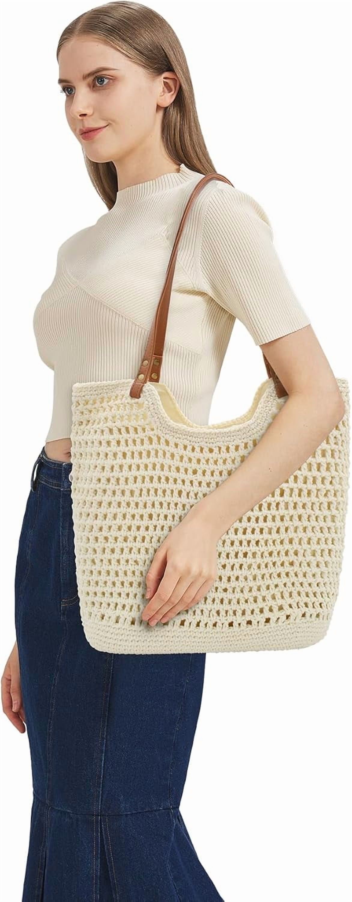 CAILDANL Boho Crochet Summer Handbag Handmade Cotton Rope Knit Shoulder Bags for Women Bohemia Tote for Travel