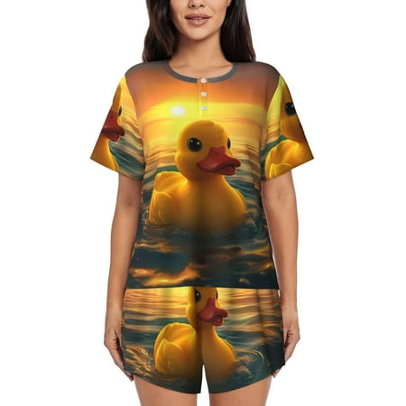 Cauagu Cartoon Swimming Yellow Duck for Women s Round Neck Pajama Set Short-Sleeved Pajamas Soft Sleepwear Set Summer Pajamas Set Lounge Sets 2-Piece Pj-4X-Large