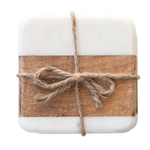 Creative Co-Op Marble & Acacia Wood Coasters, White & Natural, Set of 4
