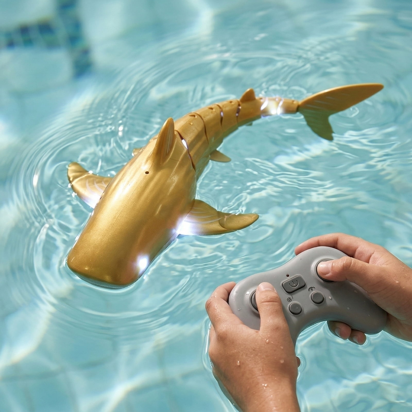 Remote Control Whale Toy with LED Lights - Includes 1 RC Whale, 1 Remote Controller (Batteries Not Included), 1 Screwdriver, 1 Manual, 1 Charger, 2 Spare Propellers, 2 Screws, 1 Battery - Gold, for K