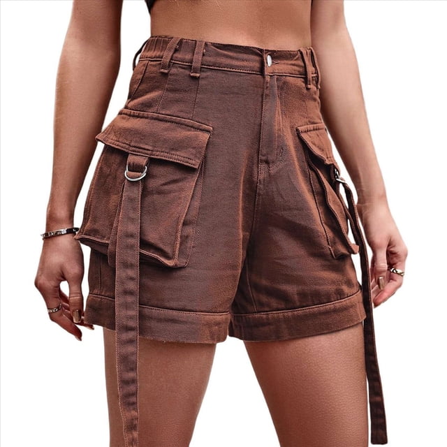 Pantalones Cortos de Sarga de Tiro Medio y Alto para Mujer, Elásticos, con Bolsillos, para Discotecas Marrón M