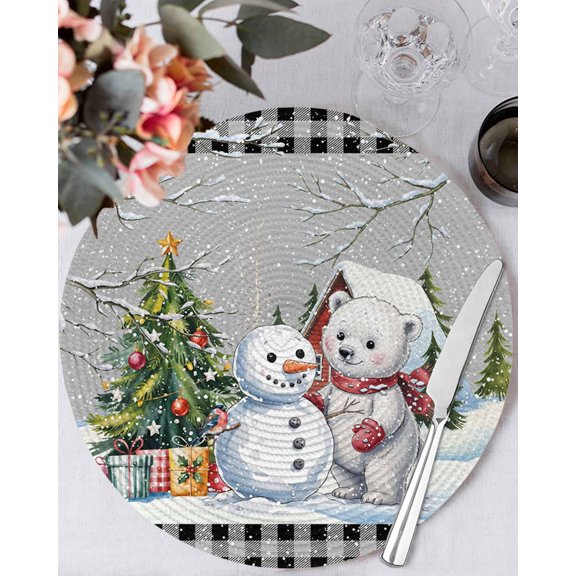 13 Inch Round Placemats Set of 6, Grey Christmas Non Slip Heat Insulation PP Table Mats, Xmas Tree Snowman Bear Snowfall Plaid Washable Place Mats for Kitchen Dining Party Table Decor