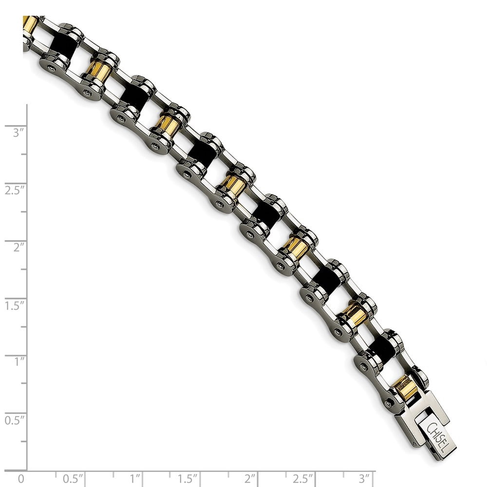 Diamond2Deal Stainless Steel Polished Yellow IP-Plated with Black Rubber Bracelet for Men 8.75"