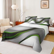 Feelyou Adult Modern Fashion Queen Sheet Sets, Green Abstract Geometric Flat Sheet, Stripes Ombre Queen Fitted Sheet, Breathable Home Decor, 4pcs