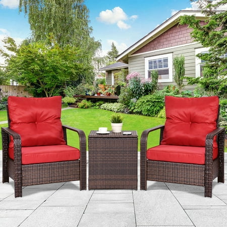 Bistro Sets Clearance Costway 3PCS Rattan Wicker Patio Bistro Furniture Set Chairs Storage Table W/Cushion NEW ()