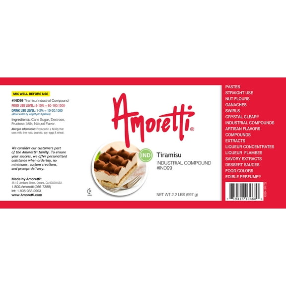 Amoretti - Tiramisu Industrial Compound 2.2 lbs - Natural Flavors, Shelf Stable Even After Opening, Certified Kosher, TTB Approved, Perfect for Baking Applications & Beverages