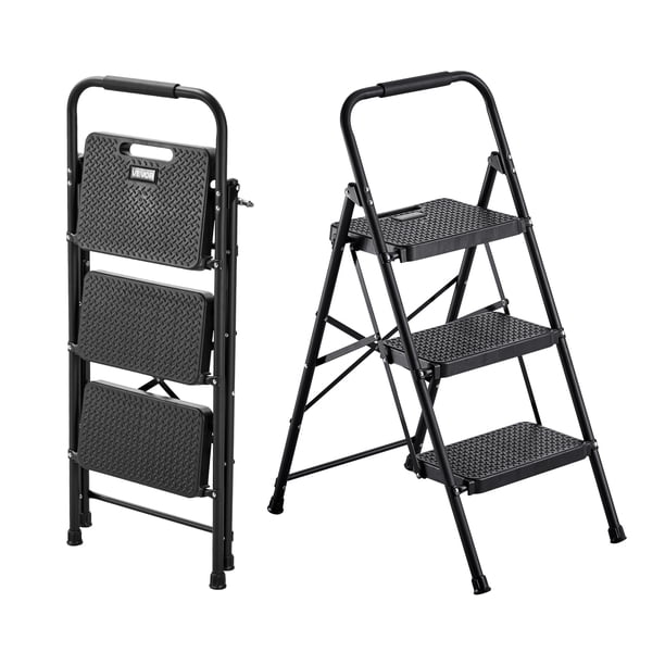 Escalera de 3 peldaños VEVOR, taburete plegable con pedal ancho antideslizante y empuñadura cómoda, ligera, portátil, de acero, con capacidad de 272 kg, multiusos para cocina, hogar y oficina, negro