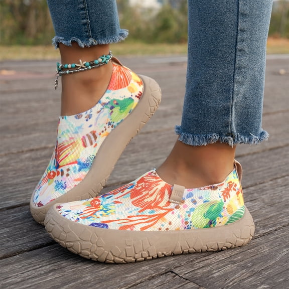 IEMIEMIEM Loafers for Women Casual Travel Painted Walking Shoes Mesh Knit Slip On Lightweight Comfortable Canvas Fashion Sneakers Non Slip Shoes Orange 7 Wide