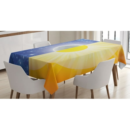 Apartment Decor Tablecloth, Split Design with Stars in the Sky and Sun Beams Light Solar Balance Image, Rectangular Table Cover for Dining Room Kitchen, 60 X 84 Inches, Blue Yellow, by