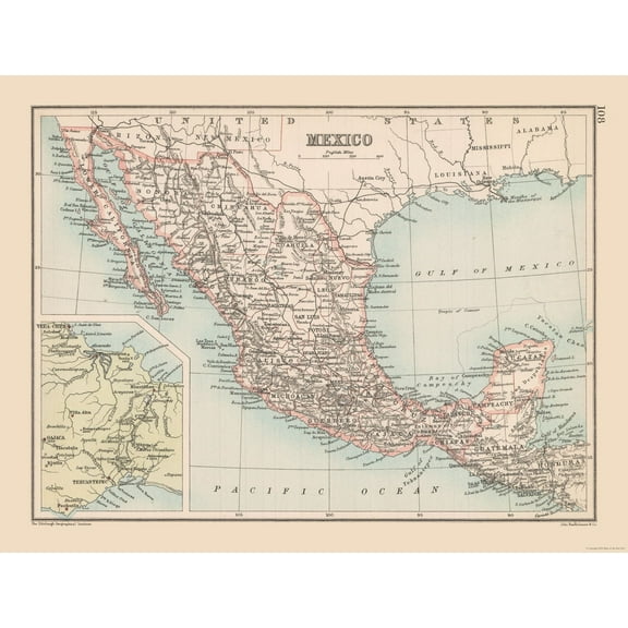 Historic Map - Mexico - Bartholomew 1892 - 30.18 x 23 - Vintage Wall Art