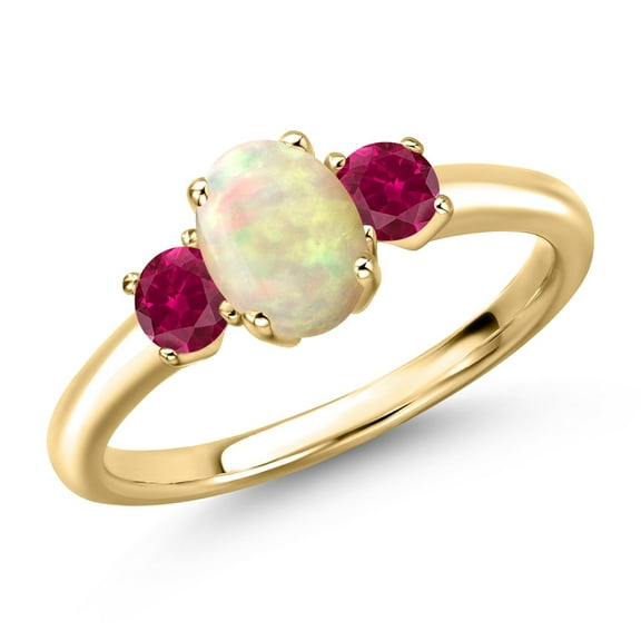 Gem Stone King 10K Yellow Gold White Ethiopian Opal and Red Created Ruby Engagement Ring for Women | 1.01 Cttw | Oval Cabochon 7X5MM | Gemstone October Birthstone | Size 5