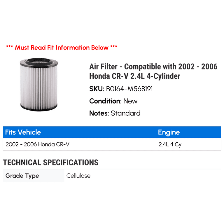 Air Filter - Compatible with 2002 - 2006 Honda CR-V 2.4L 4 