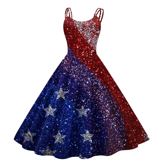 HAJWOH Women 4th of July Dresses 50s 60s Vintage Sleeveless Star and Stripe Print Cocktail Swing Dress Retro Patchwork Midi Evening Dress Dark Blue XXXL