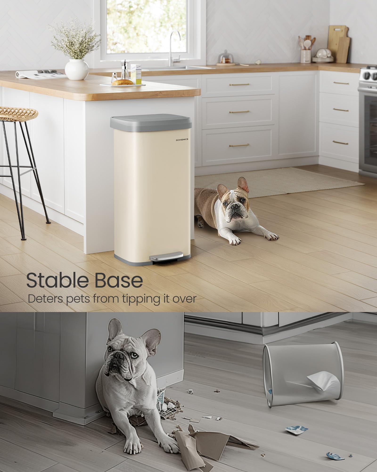 Kitchen Trash Can, 18-Gallon Stainless Steel Garbage Can, with Stay-Open Lid and Step-on Pedal, Soft Closure, Tall, Large and Space-Saving, Sand Beige and Dove Gray