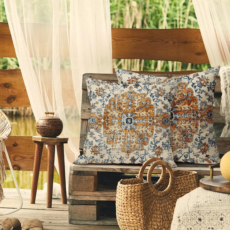 Brown Navy Blue Ethnic Boho Pillow Covers 16X16 Inch Bohemian Carpet Vintage Pillow Cases Gold Black Tan Floral Throw Pillow Set of 2 Home Decor for Room Bedroom Outdoor Porch Patio Cushion