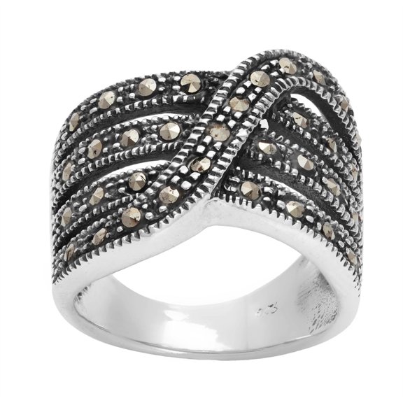 Silver Women's 925 Sterling Silver Oxidized Simulated Marcasite Twist Multi Layered Band Ring