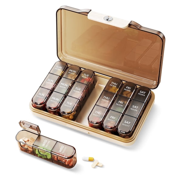 Weekly Pill Organizer 3 Times a Day, KOKCOOL Large 7 Day 3 Times a Day Pill Box with 7 Detachable Pill Containers, Portable Daily Travel Pill Organizer for Vitamin Fish Oil Supplement, Brown