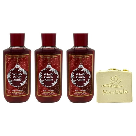 Bath & Body Works Winter Candy Apple Shower Gel 3 Pack with a Marbela Wild Jasmine Bar Soap.
