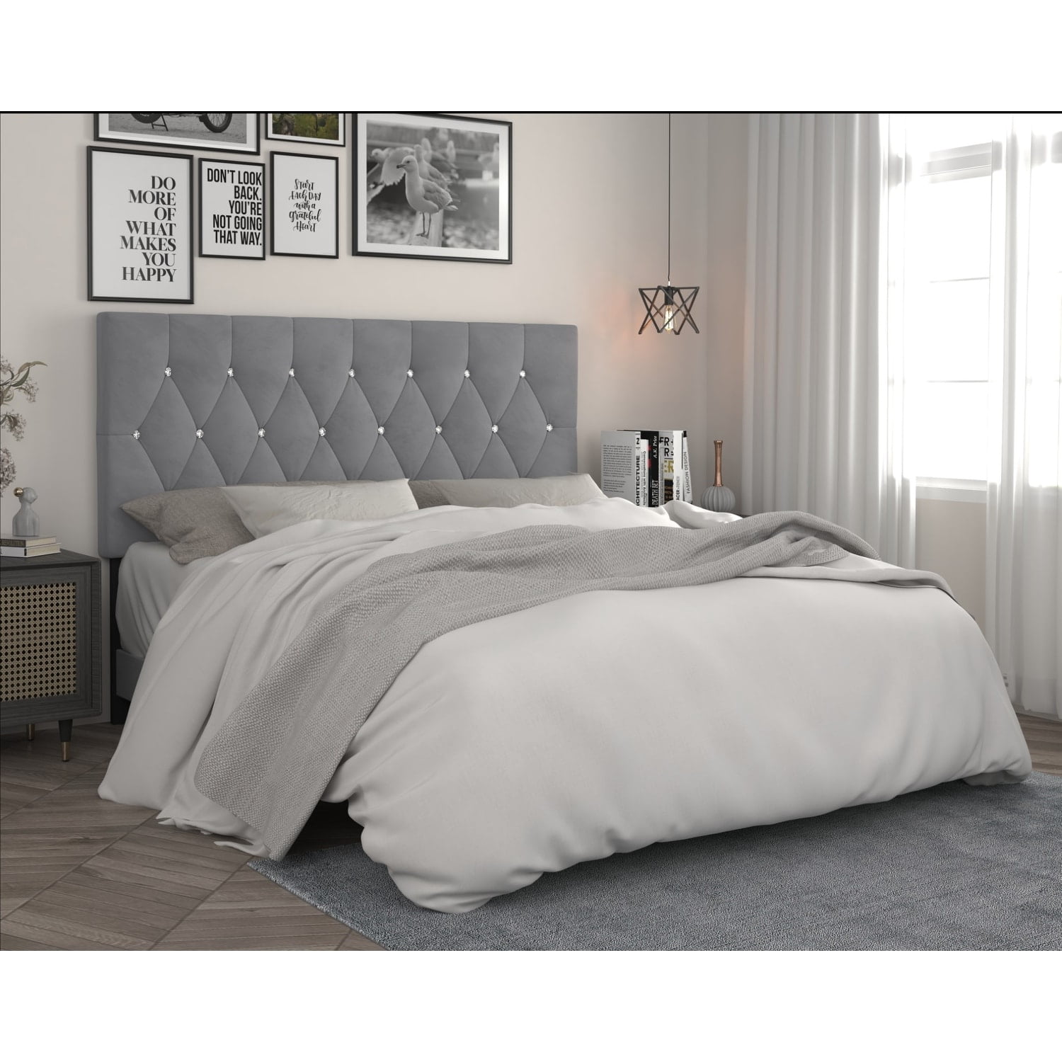 Home Design Concetta Twin Tufted Upholstered Adjustable Headboard, Blue, Velvet with Diamond Button Tufting, Modern Bedroom Furniture