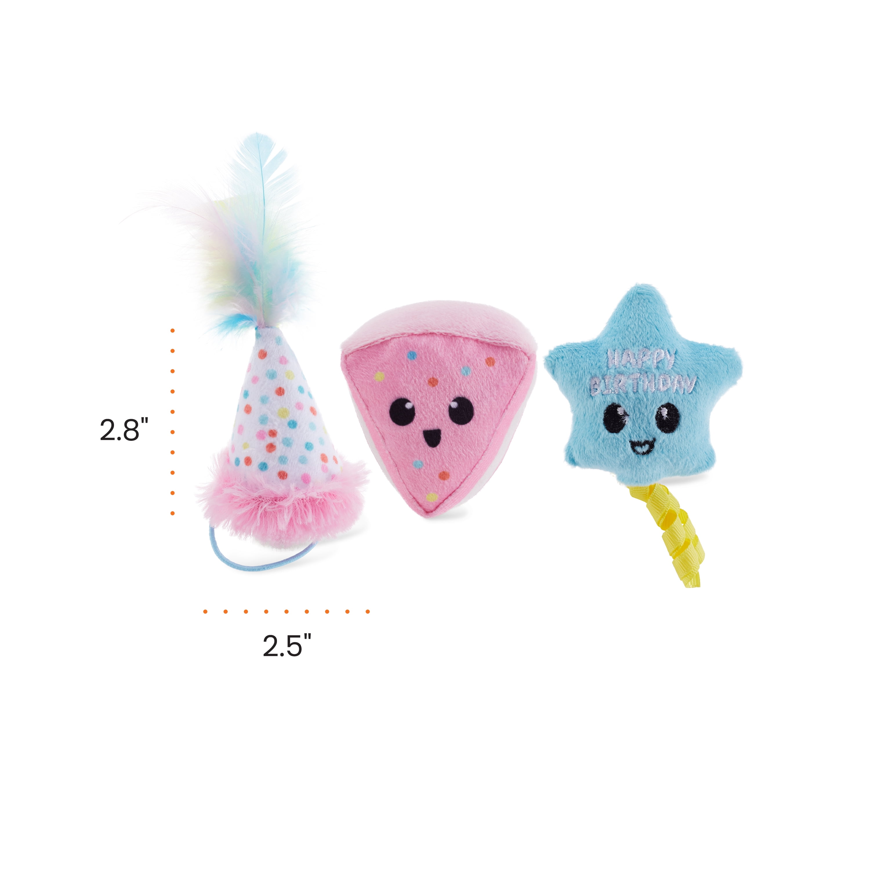 Catstages Happy Purrthday Cat Toys, 3-Pack Catnip Plush Toys with Crinkle, Feathers & Dental Mesh, Multicolored