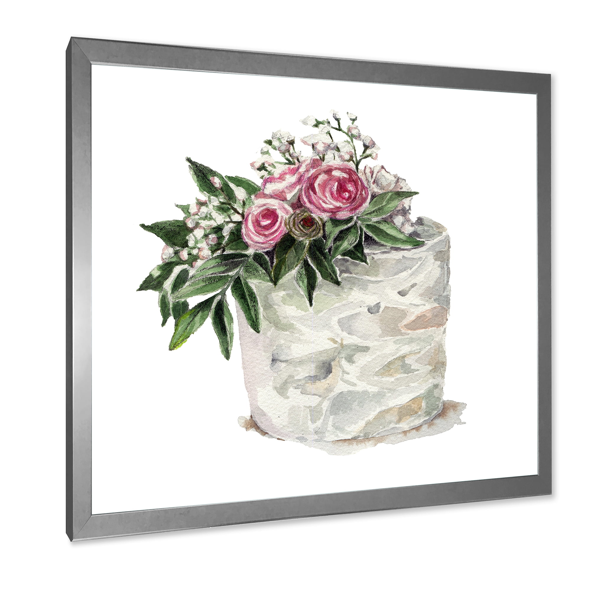 Designart 'White Flowers and Pink Roses On Cake' Traditional Framed Art Print