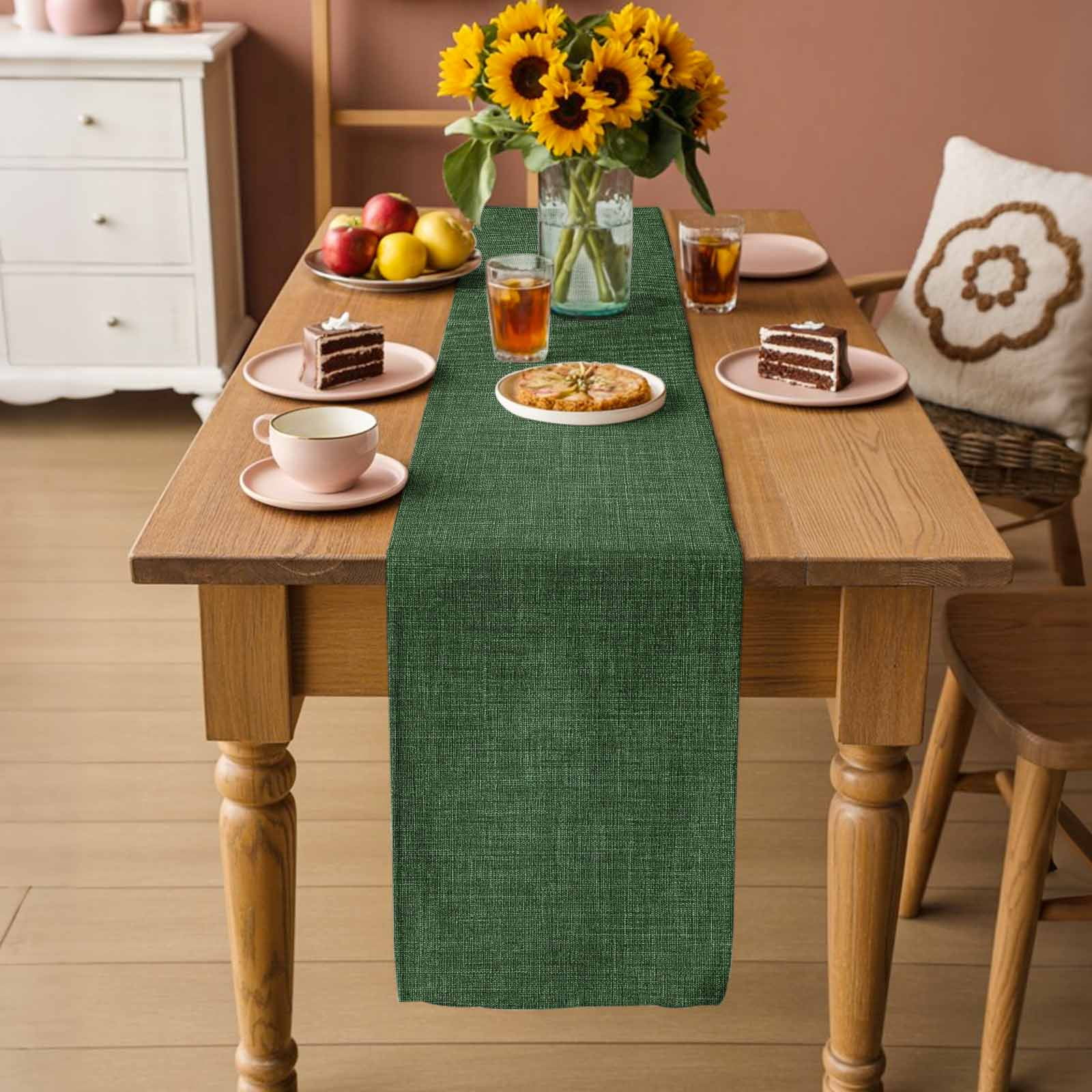 Dark Green Burlap Texture Table Runner, Farmhouse Vintage Green Washable Cotton Linen Table Runners 72 Inches Long, Dresser Scarf Runner for Dining/Coffee/Kitchen/TV Stands/Cabinets 13''x72''