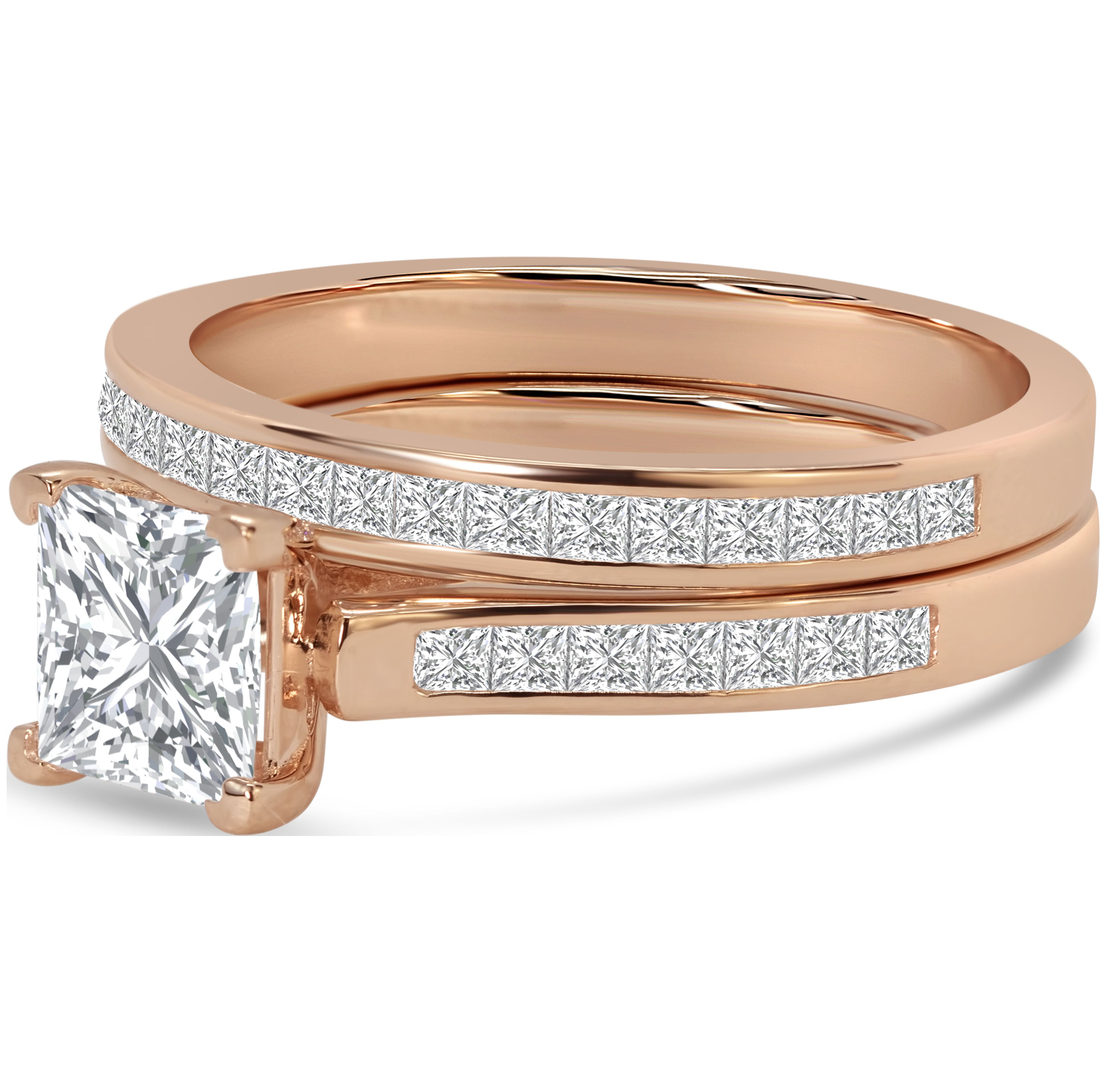JeenMata 2 Carat Princess Cut Moissanite Wedding Set - Bridal Set - Channel Set Ring - Unique Ring - 18k Rose Gold Over Silver