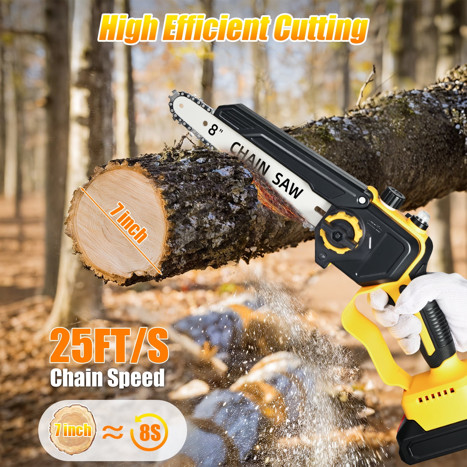 Paddsun Mini Chainsaw Cordless, 8 inch 21V Electric Chainsaw Battery Powered, Handheld Mini Chain Saw with 2 Batteries and 2 Chains