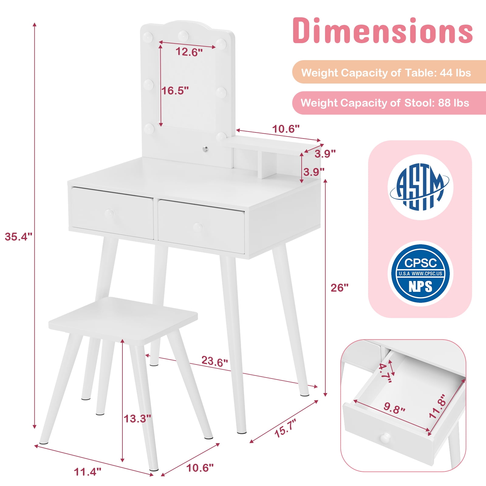 Arlopu Kids Vanity Table & Stool Set, Wooden Makeup Table and Chair Set with Storage Drawer, LED Lights & Mirror