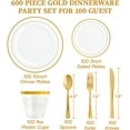 thumbnail image 2 of 600 Ct Gold Dinnerware Set for 100 Guests - Gold Rimmed Disposable Plastic Plates, Includes 100 Dinner & Salad Plates, Cups, Cutlery Set for Wedding Parties, 2 of 6
