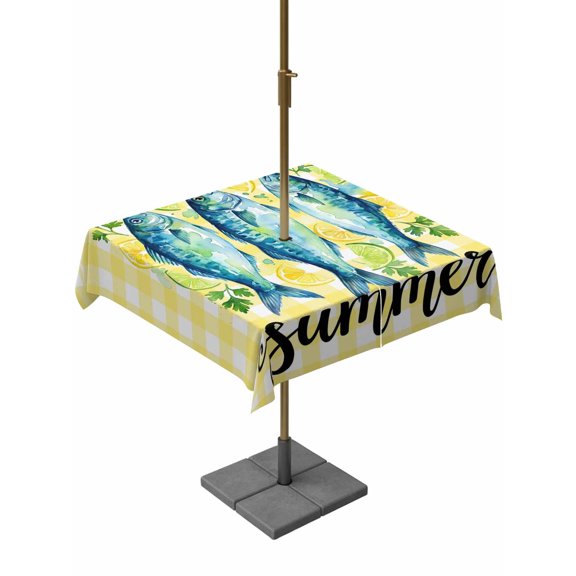 Outdoor Tablecloth with Umbrella Hole for Patio/Picnic/Party/Camping, Blue Fish Waterproof Table Cloth Square Cover Washable, Summer Lemon Mint Leaves Rural Yellow Plaid (60"x 60")