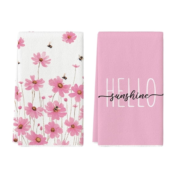 Pink Flowers Bee Hello Sunshine Spring Kitchen Towels Dish Towels, 18x26 Inch Seasonal Summer Holiday Decoration Hand Towels Set of 2
