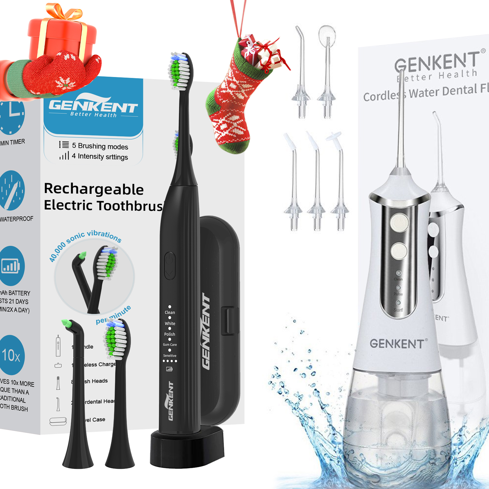 Genkent Electric Toothbrush & Water Dental Flosser Set, Smart Timer