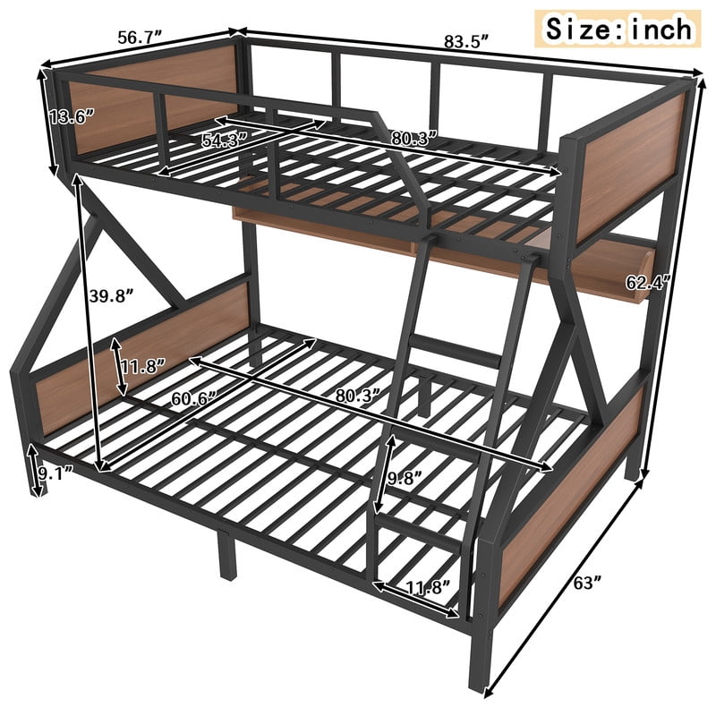 Full XL over Queen Size Metal Bunk Bed, Kids Teens Chic Bed Frame with Bedside Storage Shelves and LED Light Strip