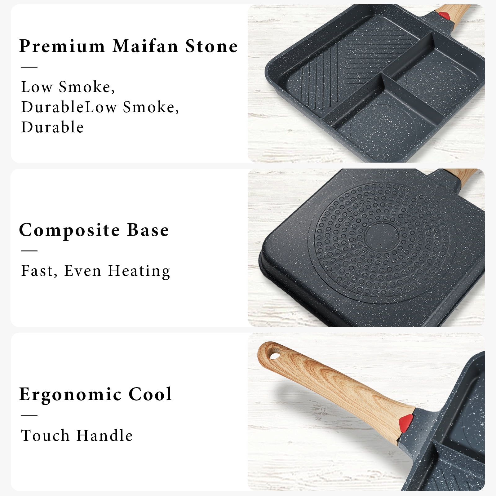 Yunjingjie 3-Section Versatile Breakfast Skillet Nonstick 11-Inch Square Grill Pan Die-cast Aluminum