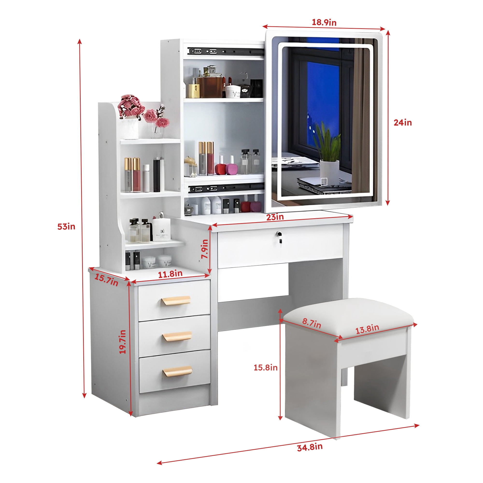 Mintazer Dressing Table with Sliding LED Mirror & 4 Drawer, Cosmetic Vanity Desk with Padded Stool & Multi-Tier Open Shelves for Bedroom Apartments, White