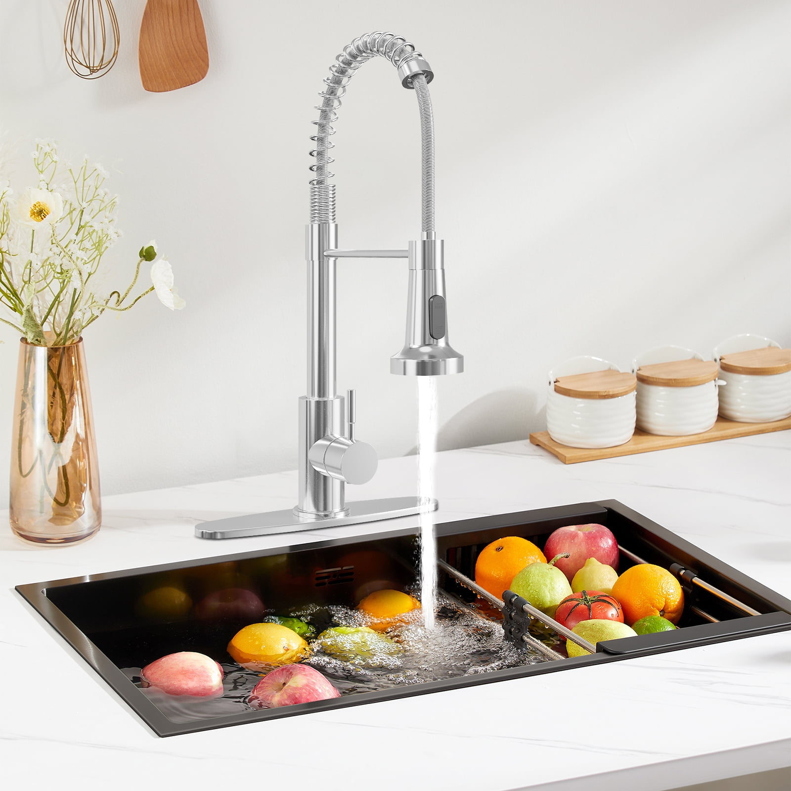 IUSU 20in Kitchen Faucet with Pull Down Sprayer, Brushed Nickel Commercial Spring Kitchen Sink Faucet Single Handle Pull Out Sink Faucets with Deck Plate Suit to 1 or 3 Holes Silver