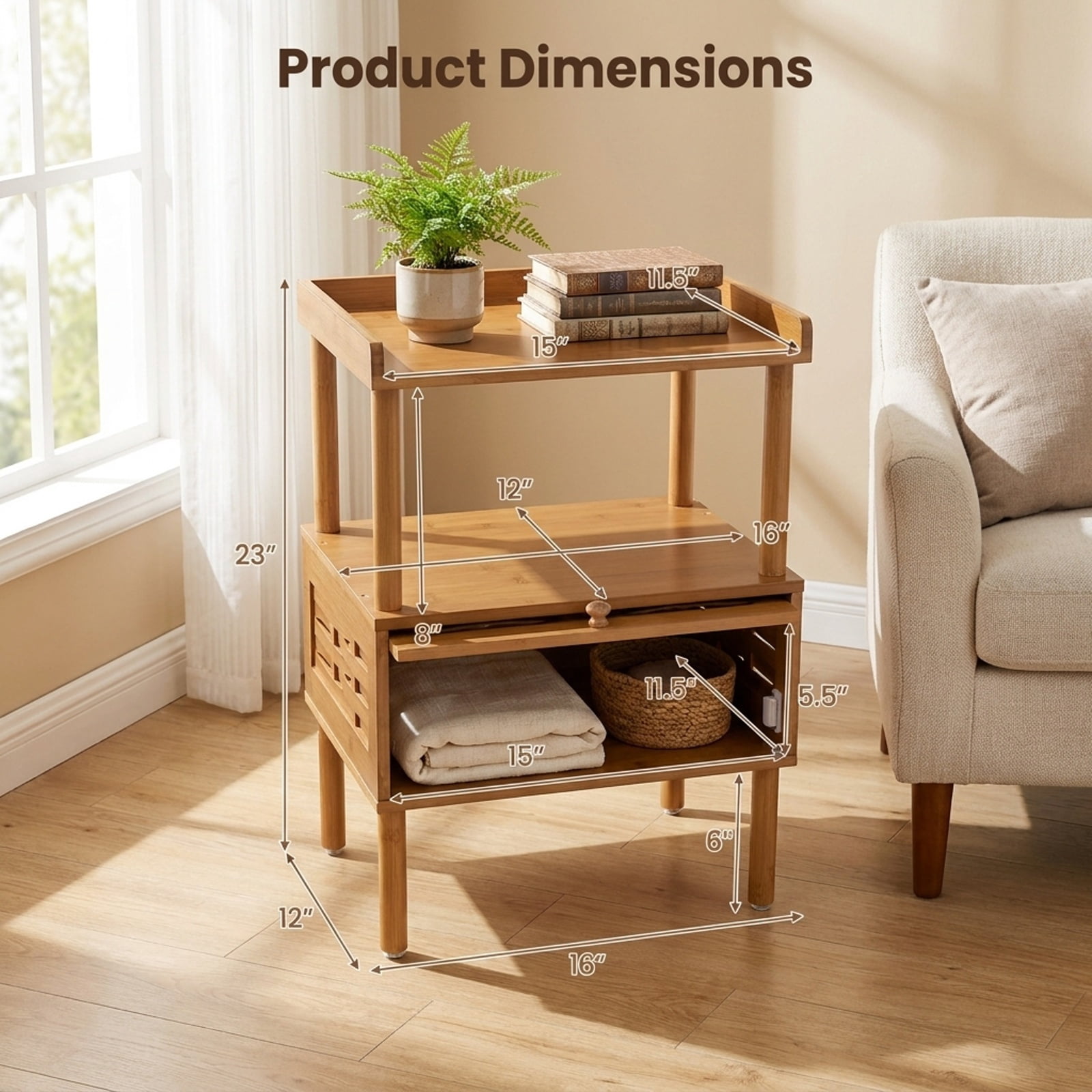 Furnibear Bamboo Rattan Nightstand with Raised Edge Flip-Up Door and Open Shelf for Bedroom Living Room Bedside Sofa Side Small Space, Walnut